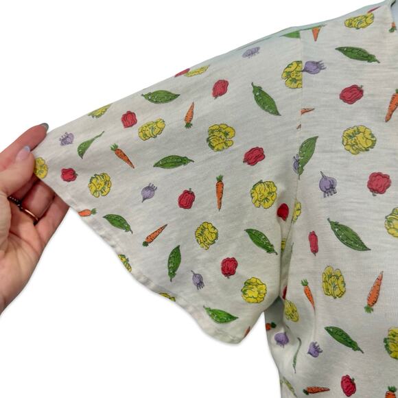 Vintage Tie Front Ivory Vegetable Print Carrot Tomato Peas Lettuce Tee size S - Picture 10 of 10